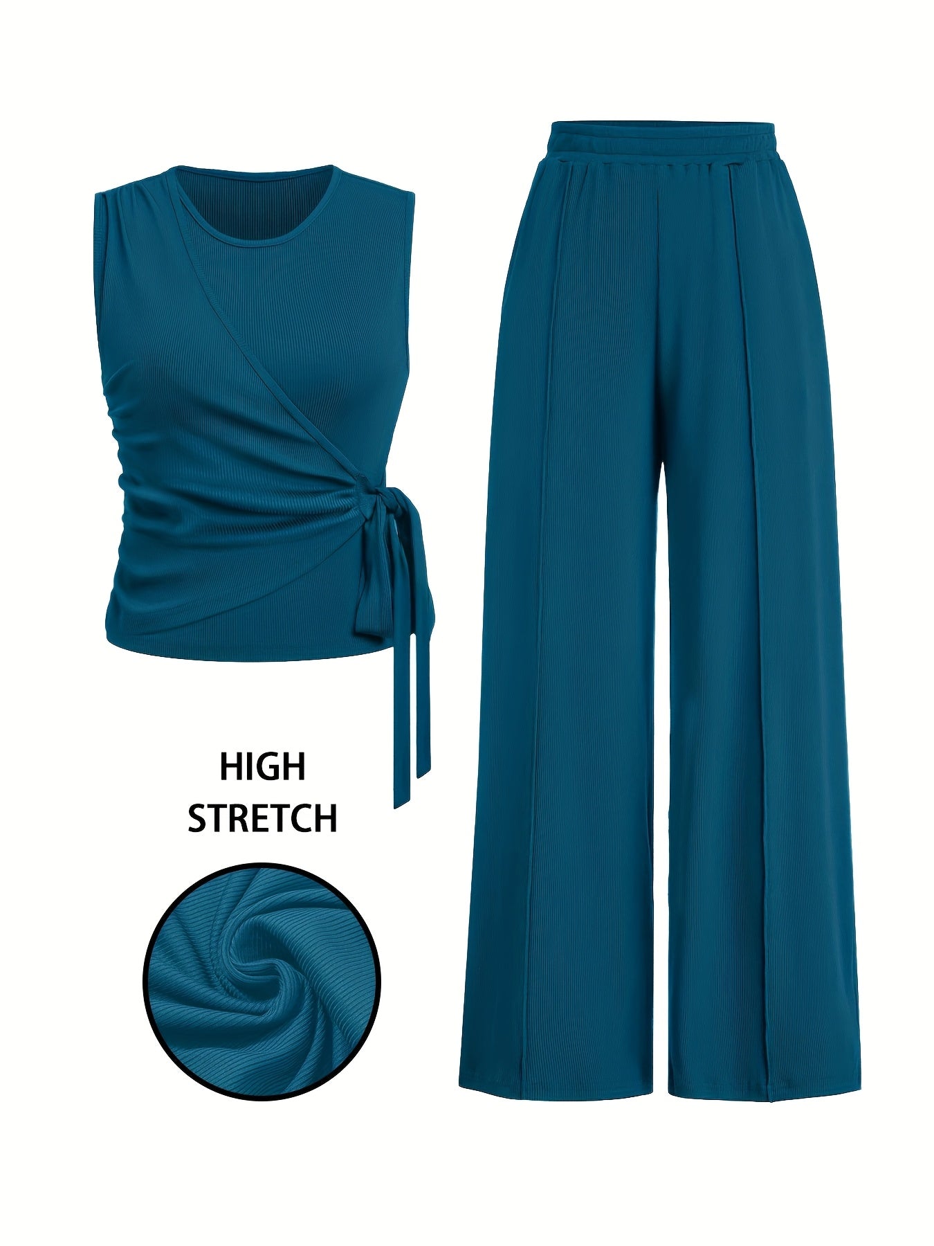 Elegant Women's Sleeveless Ribbed Top & Wide-Leg Pants Set – Bow Detail, Stretchy Knit Two-Piece Outfit for Spring/Summer